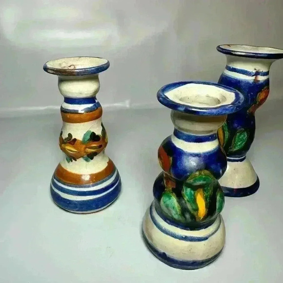 Hand-Painted E. Ortiz Mexican Pottery Candle Holders Mismatched Set Of 4 - Picture 3 of 12